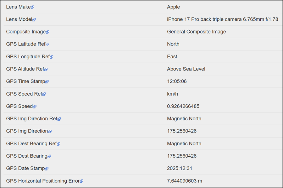 GPS location information extracted from image metadata