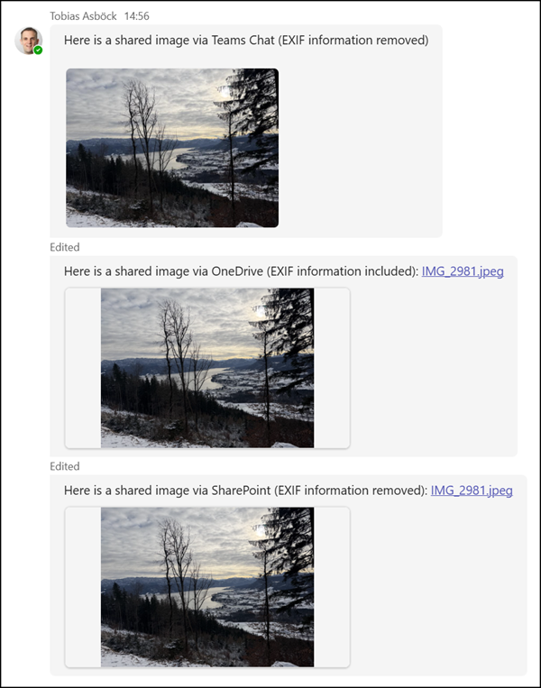 Overview of EXIF metadata test scenarios in Teams