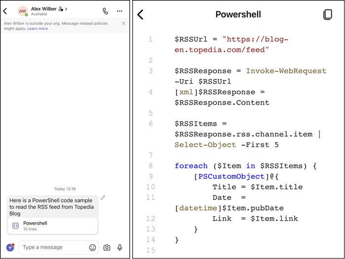 Code blocks in Teams Mobile