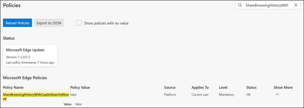 Search for ShareBrowsingHistoryWithCopilotSearchAllowed to get the current policy state