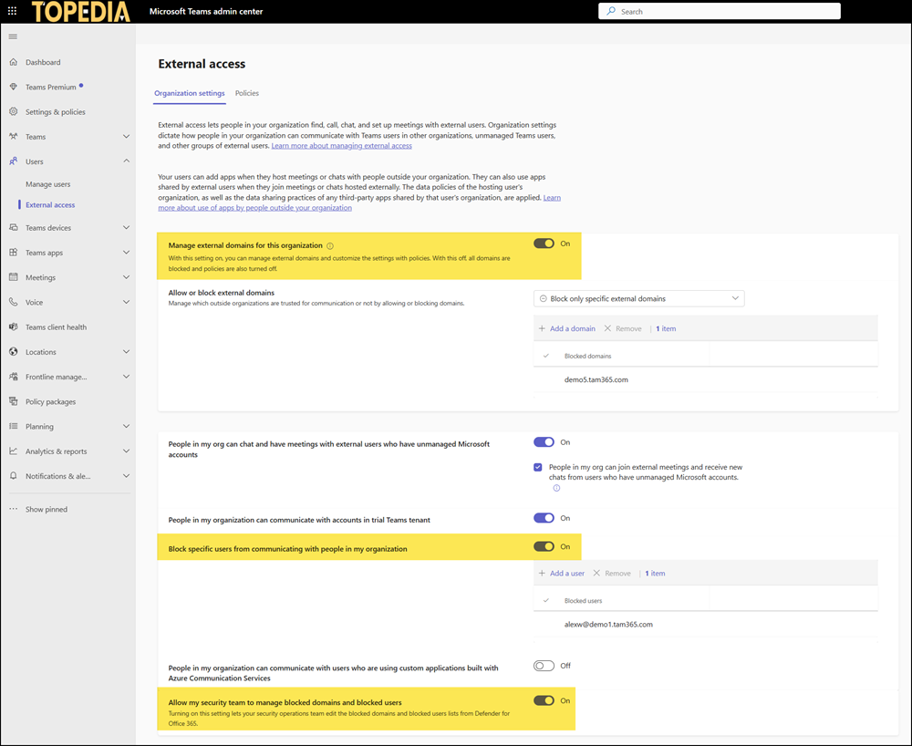 External access settings in the Teams Admin Center