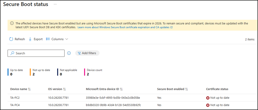 Secure Boot status report in Intune