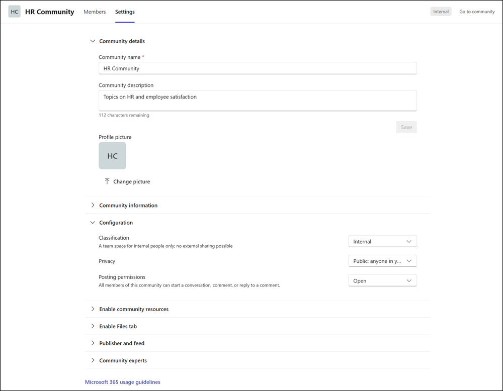 Managing community settings in Teams