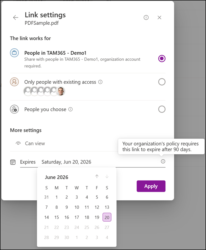 OrganizationSharingLinkMaxExpirationInDays is 90 days