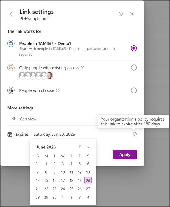 OrganizationSharingLinkRecommendedExpirationInDays is 90 days, OrganizationSharingLinkMaxExpirationInDays is 180 days