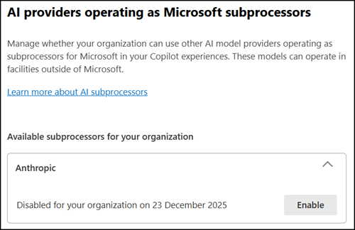 Anthropic as Microsoft subprocessor is disabled