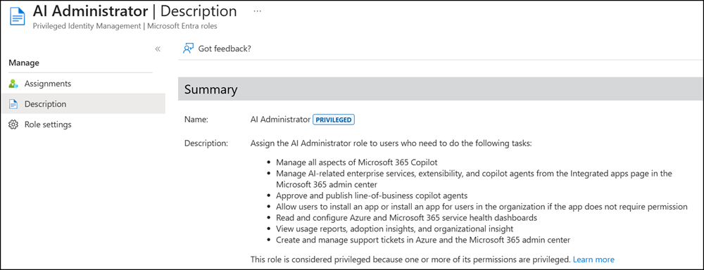 The AI Administrator role has been updated with additional permissions