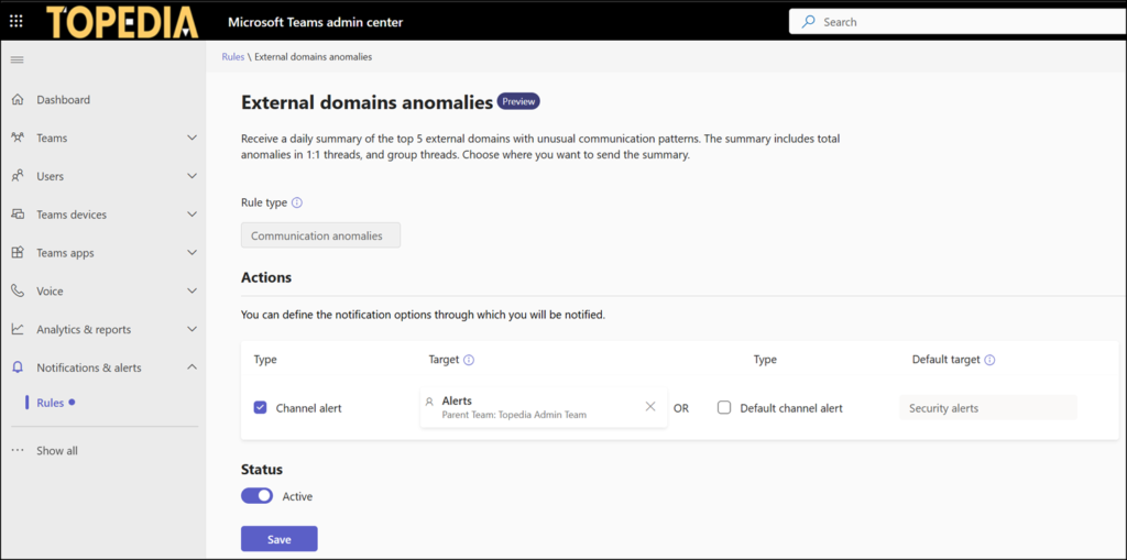 Channel alert rule for external domain anomalies 