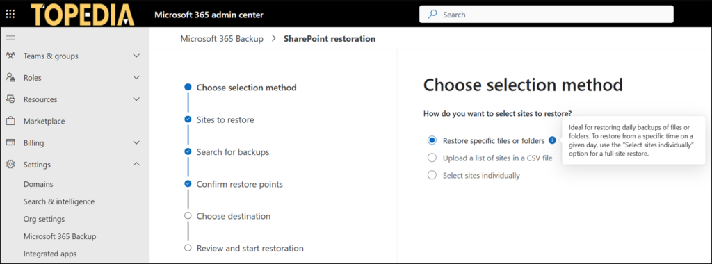 Restore specific files or folders (SharePoint Backup Administrator role required)