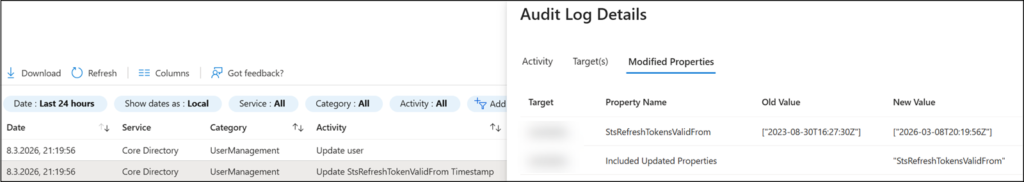 Audit log for the account