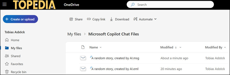 Uploaded email files are stored in the user's OneDrive