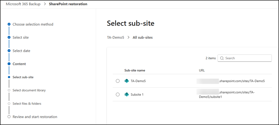 Select the restore destination