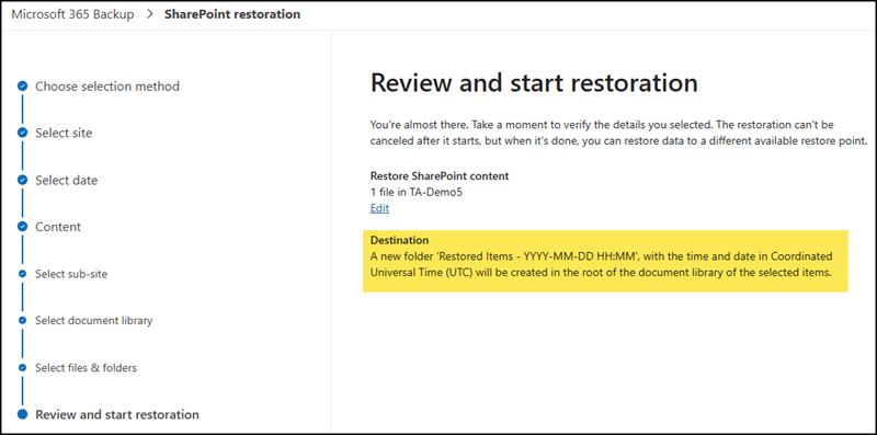 Validate and start the restore process