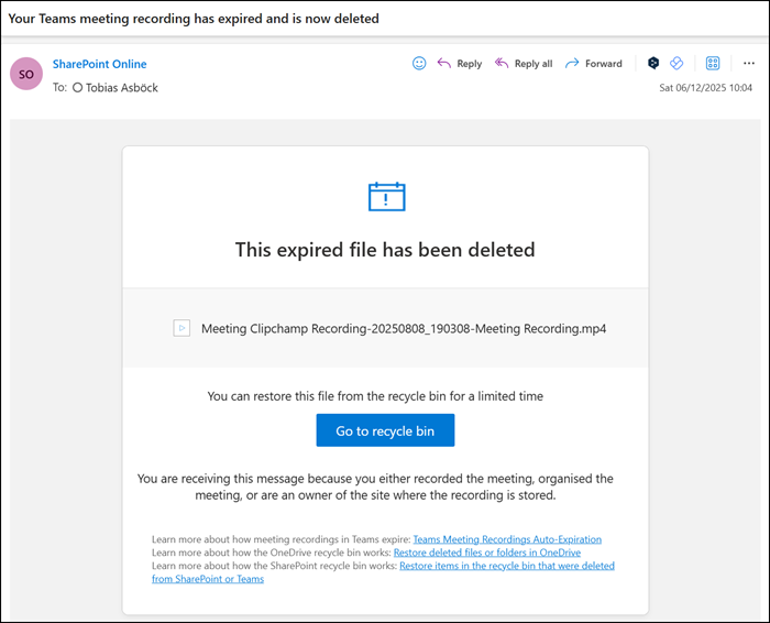 Meeting recording expiration email