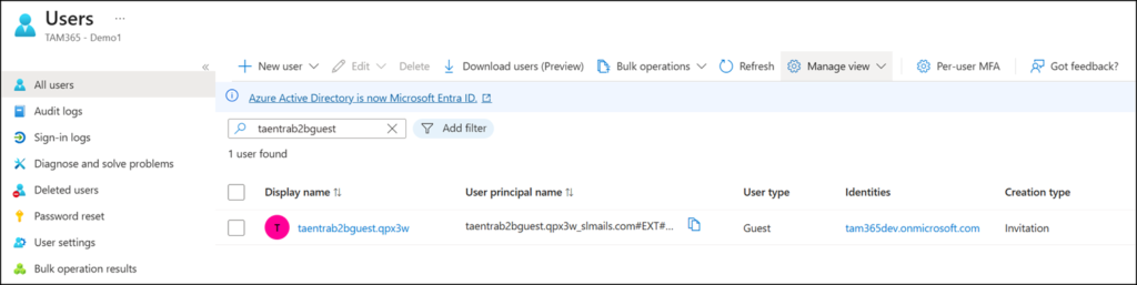 B2B guest user has been created in Entra