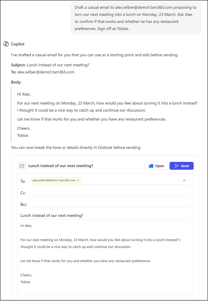 Draft and send an email directly in Copilot Chat