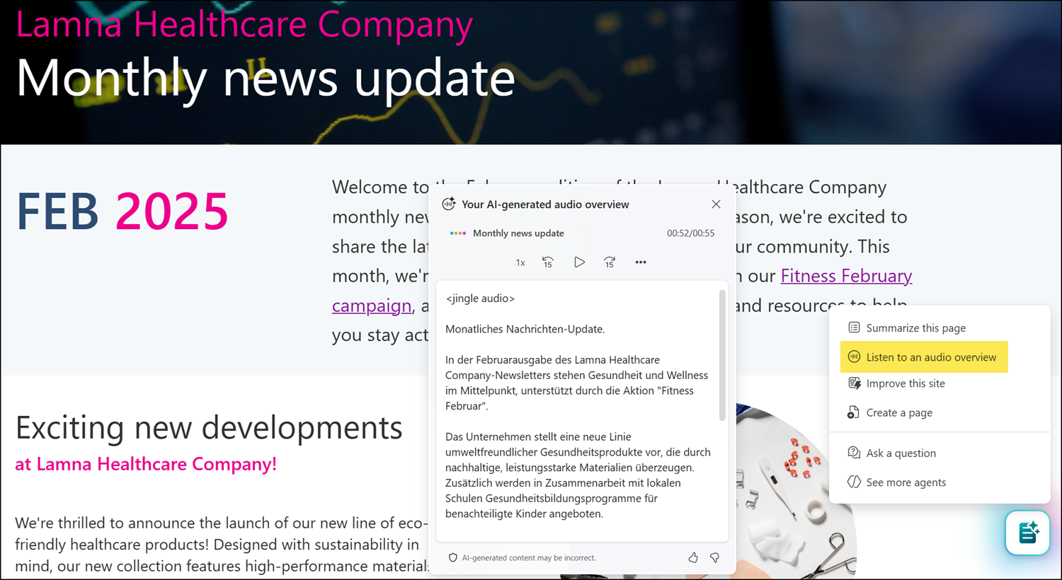 Updates to AI-generated Audio Briefings in Viva Connections and ...