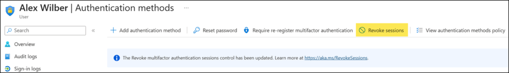 "Revoke sessions" invalidates all user sessions