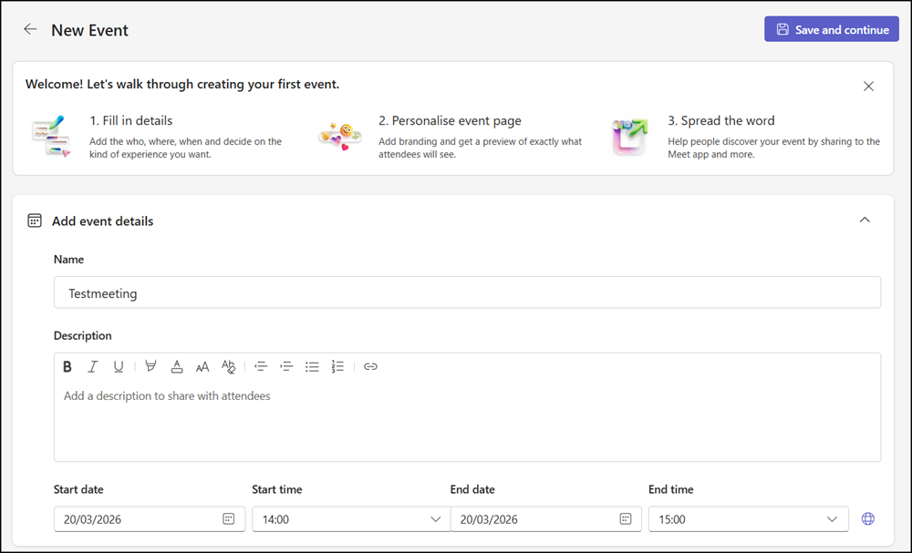 Creating a new Teams event
