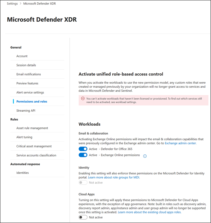 Microsoft Defender XDR Unified RBAC workloads