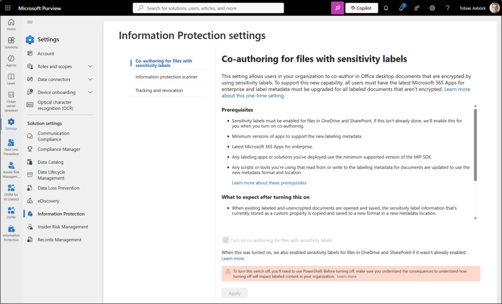 Co-authoring for files encrypted with sensitivity labels is required