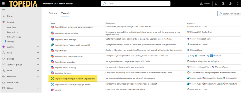 Control the AI providers operating as ‎Microsoft‎ subprocessors