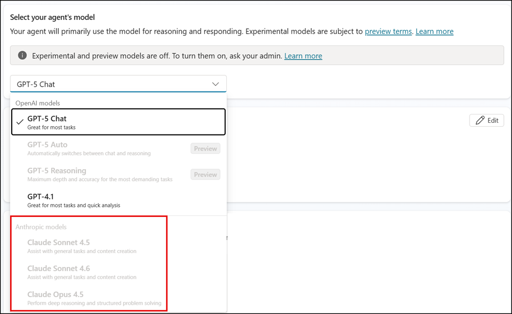 Anthropic models are unavailable in Copilot Studio