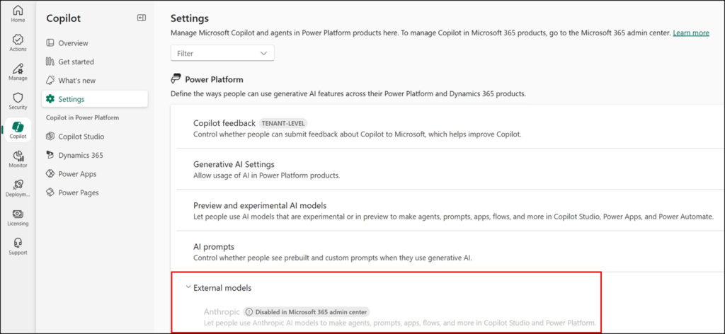Anthropic as a model provider is unavailable in the Power Platform Admin Center