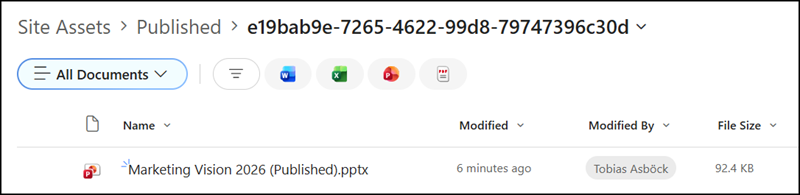 Publish to web creates a copy of the document in the Site Assets library