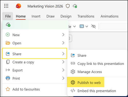 Publish to web in PowerPoint Web