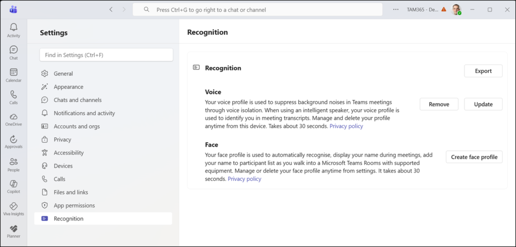 Voice and Face enrollment in Teams