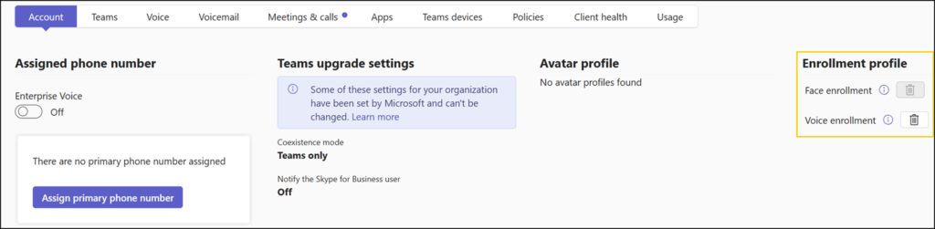 Remove Voice and Face enrollment data for a Teams user
