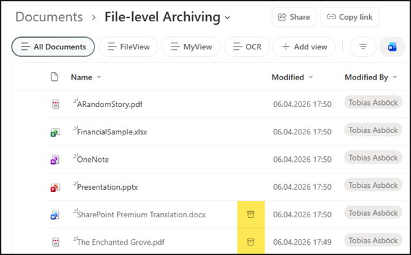 Archived files are marked with an archive symbol