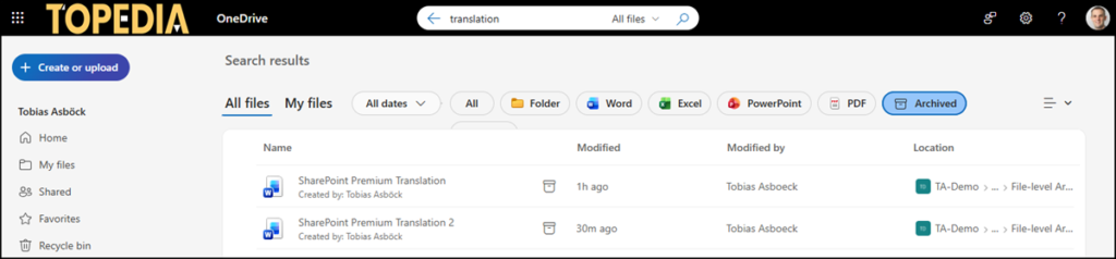 Filter for archived files in OneDrive Search