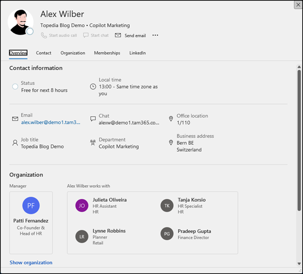 Expanded contact card in Outlook Classic