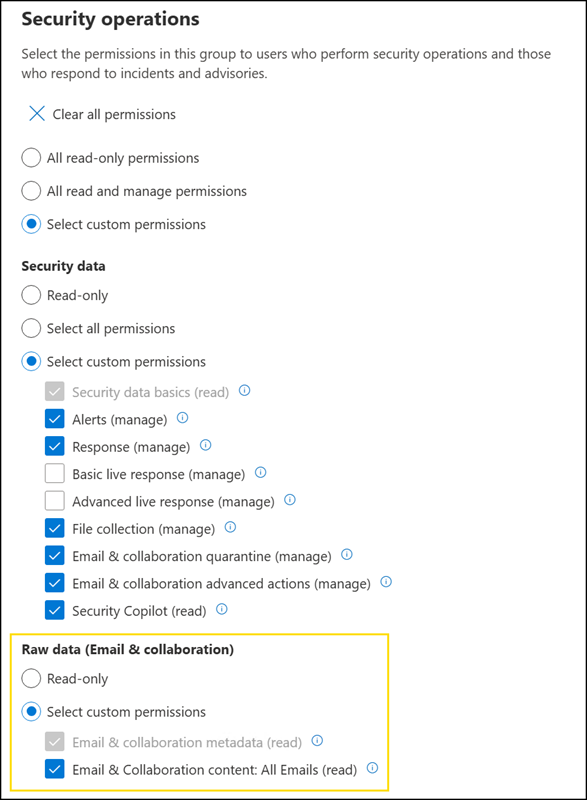 The previous email permissions in Defender XDR
