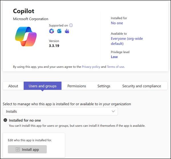 You cannot change the install state for Copilot
