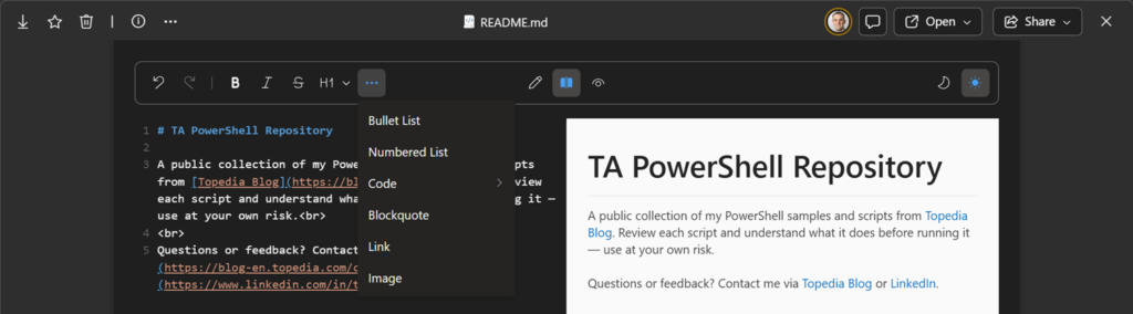 Markdown sample in OneDrive from my public PowerShell repository