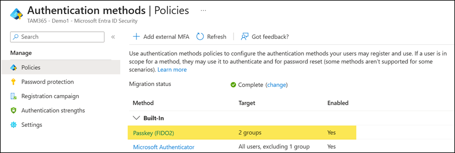 Passkey authentication method must be enabled