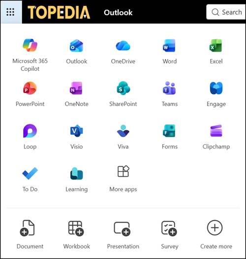 App launcher in Outlook