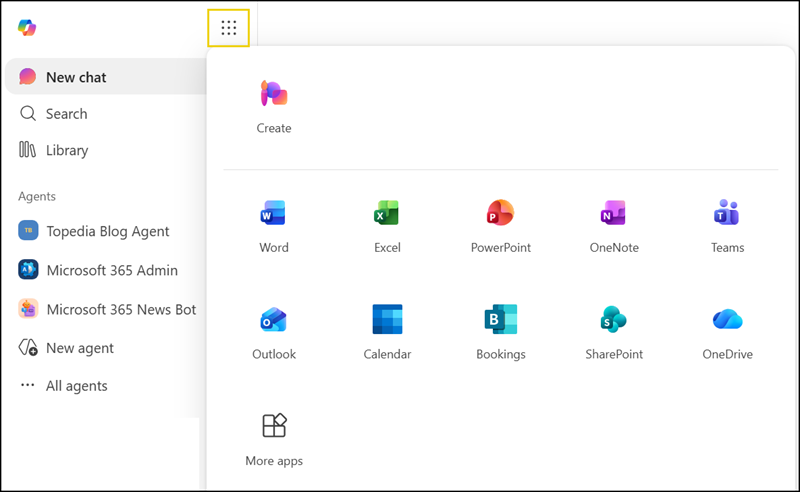 The updated app launcher on the Microsoft 365 start page
