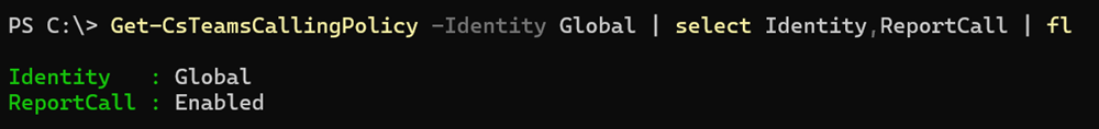 Teams calling policy includes a new ReportCall setting
