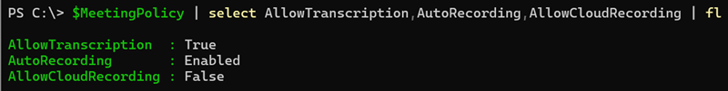 Sample configuration to disable recording while allowing transcription