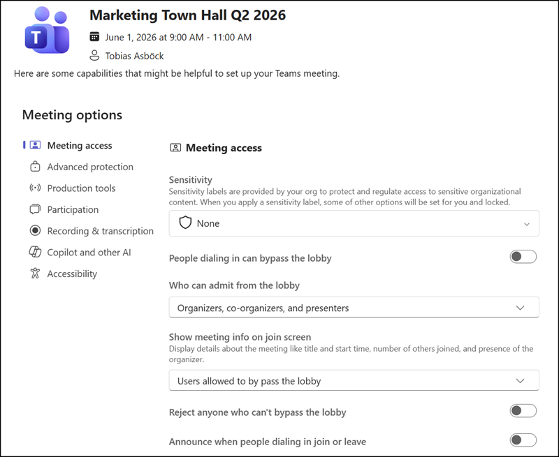 Town Hall event settings