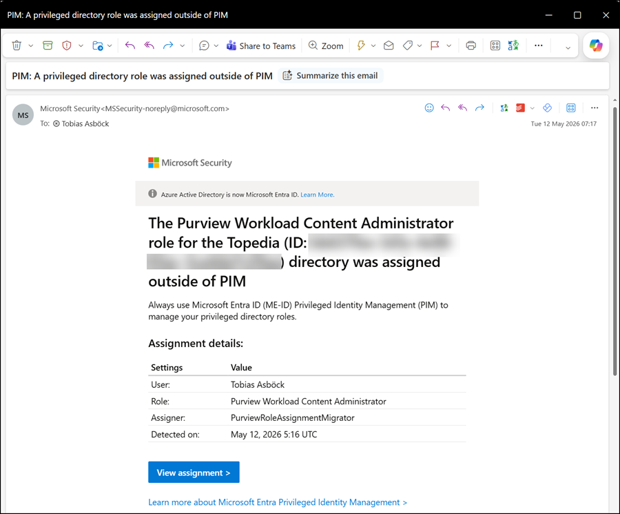 PIM role assignment notification