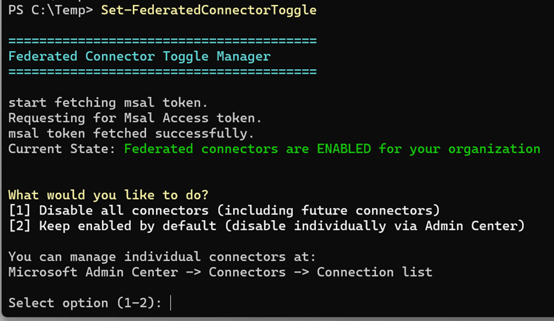 Select option 1 to disable all federated Copilot connectors