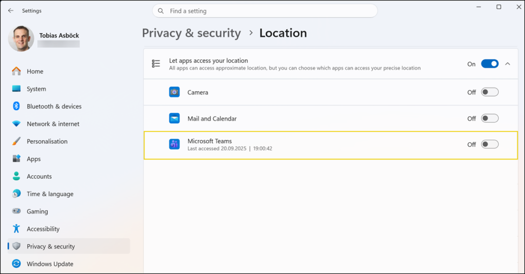 Location services for Teams must be enabled in Windows