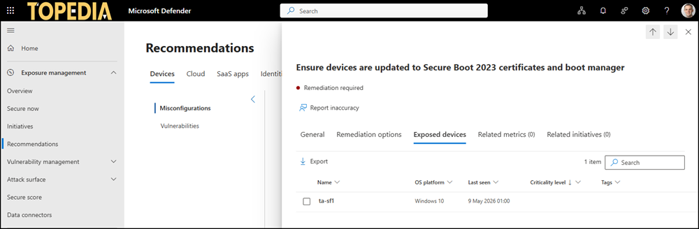 Secure Boot recommendation in Microsoft Defender