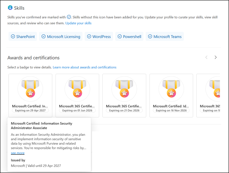 Awards and Certifications on the Microsoft 365 profile card