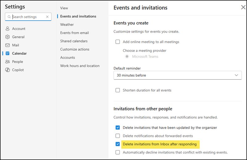 The same setting in Outlook on the web